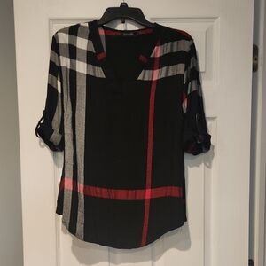 Amaryllis Black and White 3/4 Sleeve Notched Collar Blouse